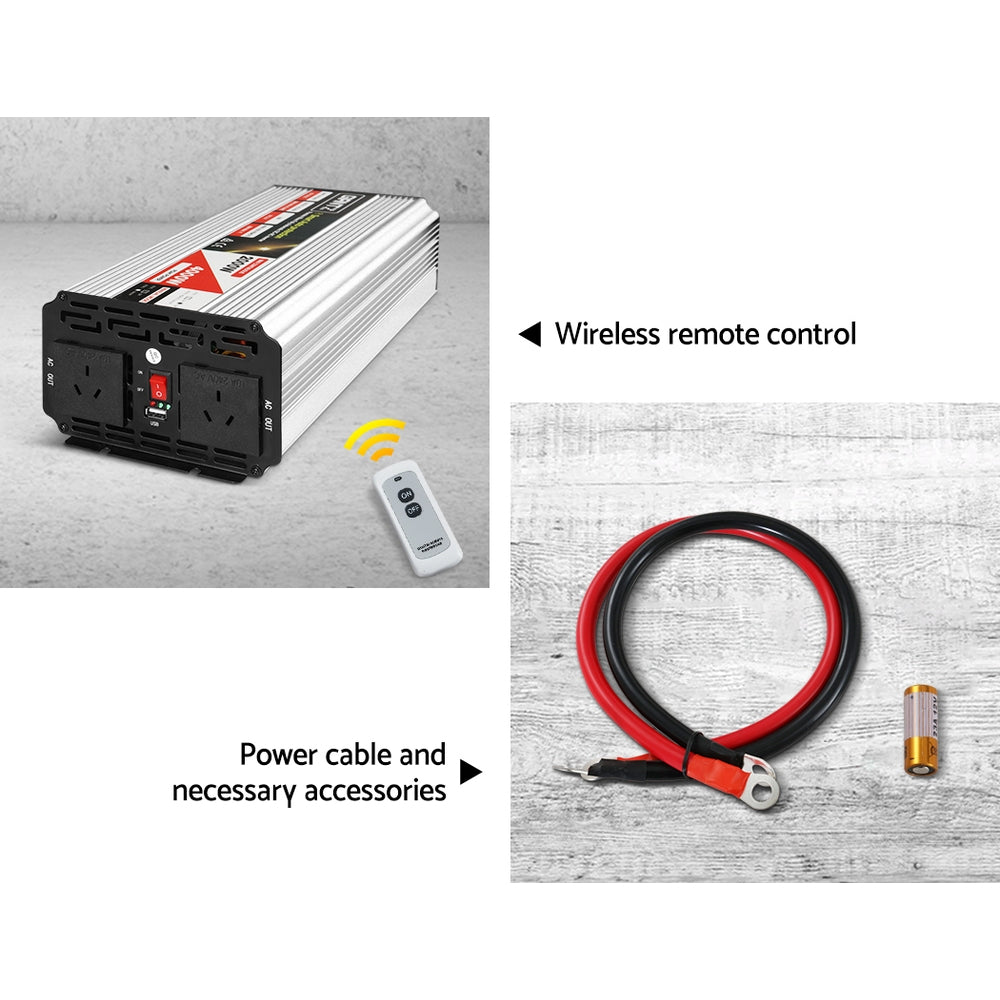 Image of a "Giantz Power Inverter 2000W or 4000W Pure Sine Wave 12V-240V Camping Boat Caravan" featuring "Pure Portable Power". It includes a low-battery alarm, short-circuit protection, IGBT technology, and a USB outlet. Designed for 12V battery use, it outputs 240V AC with continuous power of 2000W, peaking at 4000W—ideal for 240V appliances.