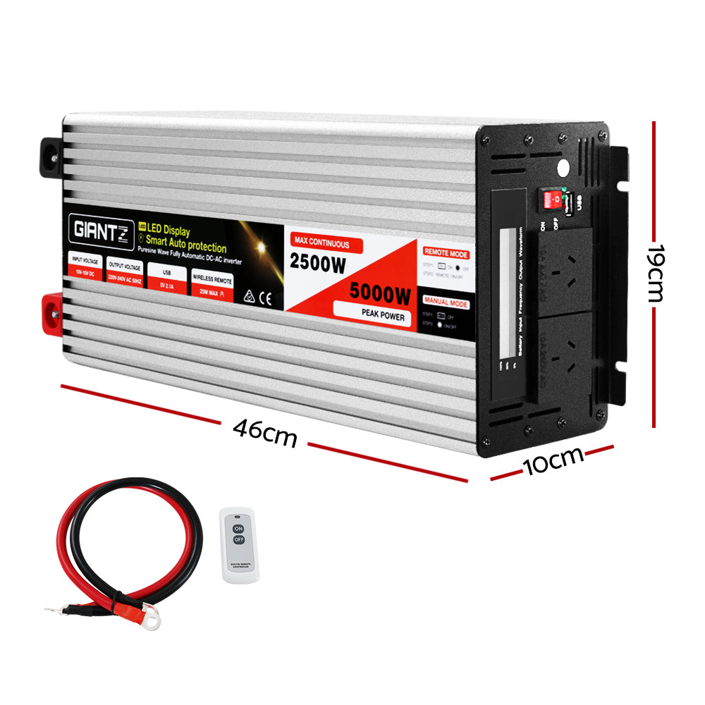 The image shows a silver-colored 2500W power inverter labeled "Giantz Power Inverter 12V to 240V 2500W/5000W Pure Sine Wave Camping Car Boat" with a LED display and specifications indicating 2500W max continuous power and 5000W peak power. The pure sine wave inverter includes switches, sockets, indicator lights, and supports wireless remote control on its black front panel.