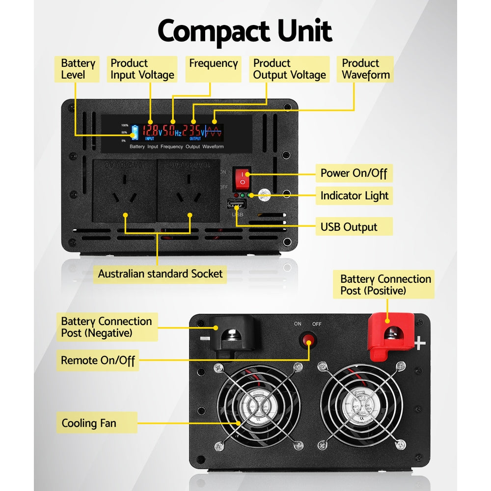 The image shows a silver-colored 2500W power inverter labeled "Giantz Power Inverter 12V to 240V 2500W/5000W Pure Sine Wave Camping Car Boat" with a LED display and specifications indicating 2500W max continuous power and 5000W peak power. The pure sine wave inverter includes switches, sockets, indicator lights, and supports wireless remote control on its black front panel.