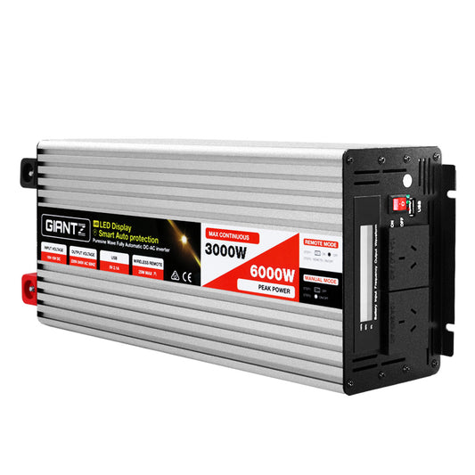 A black and silver power inverter with the brand name "GIANTZ" on the side. This Giantz Power Inverter 3000W or 6000W Pure Sine Wave 12V-240V Camping Boat Caravan boasts a 3000W max continuous power rating and a 6000W peak power rating. It includes multiple ports and outlets with switch controls on the front panel, efficiently converting 12V to 240V.