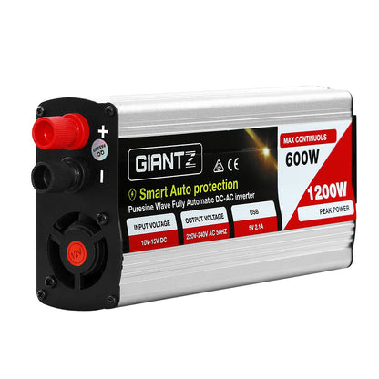 Image of a Giantz Power Inverter 600W/1200W 12V to 240V Pure Sine Wave Camping Car Boat. The device is silver with black and red accents, featuring multiple ports and switches. It is labeled "600W Max Continuous" with "1200W Peak Power." Text on the device indicates "Smart Auto Protection," utilizing IGBT inverter technology for a 12V source, and it has various output voltage specs.