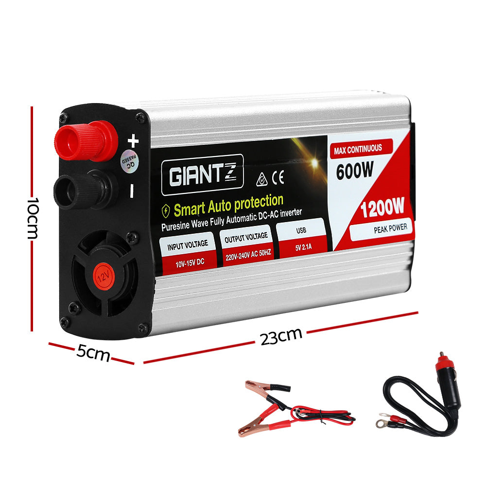 Image of a Giantz Power Inverter 600W/1200W 12V to 240V Pure Sine Wave Camping Car Boat. The device is silver with black and red accents, featuring multiple ports and switches. It is labeled "600W Max Continuous" with "1200W Peak Power." Text on the device indicates "Smart Auto Protection," utilizing IGBT inverter technology for a 12V source, and it has various output voltage specs.