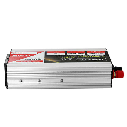 Image of a Giantz Power Inverter 600W/1200W 12V to 240V Pure Sine Wave Camping Car Boat. The device is silver with black and red accents, featuring multiple ports and switches. It is labeled "600W Max Continuous" with "1200W Peak Power." Text on the device indicates "Smart Auto Protection," utilizing IGBT inverter technology for a 12V source, and it has various output voltage specs.