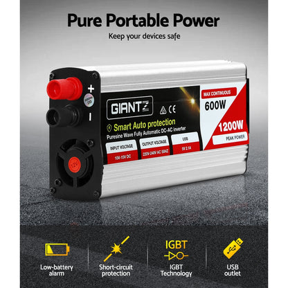 Image of a Giantz Power Inverter 600W/1200W 12V to 240V Pure Sine Wave Camping Car Boat. The device is silver with black and red accents, featuring multiple ports and switches. It is labeled "600W Max Continuous" with "1200W Peak Power." Text on the device indicates "Smart Auto Protection," utilizing IGBT inverter technology for a 12V source, and it has various output voltage specs.