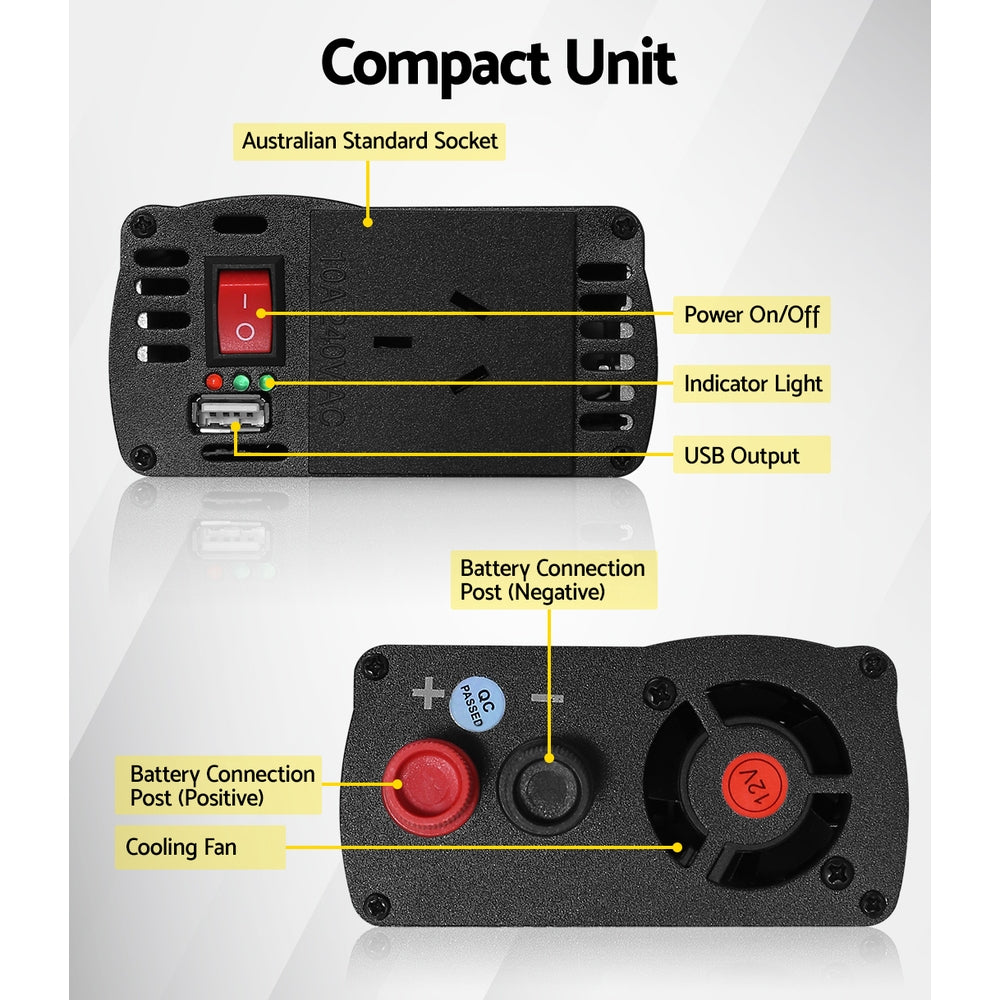 Image of a Giantz Power Inverter 600W/1200W 12V to 240V Pure Sine Wave Camping Car Boat. The device is silver with black and red accents, featuring multiple ports and switches. It is labeled "600W Max Continuous" with "1200W Peak Power." Text on the device indicates "Smart Auto Protection," utilizing IGBT inverter technology for a 12V source, and it has various output voltage specs.