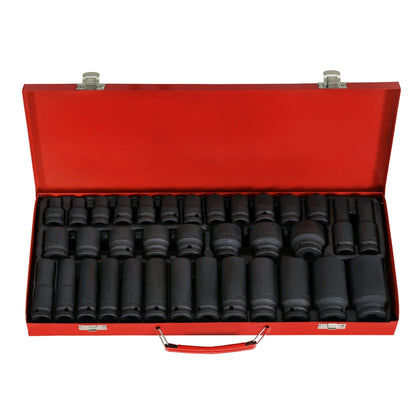 A red metal case with clasps and a handle lies open, revealing a Giantz 35pcs 1/2" Drive Impact Socket Set Metric 8-32mm with Case. The black sockets, of varying sizes, are arranged in neat rows within a foam insert that holds these heavy-duty tools securely in place.