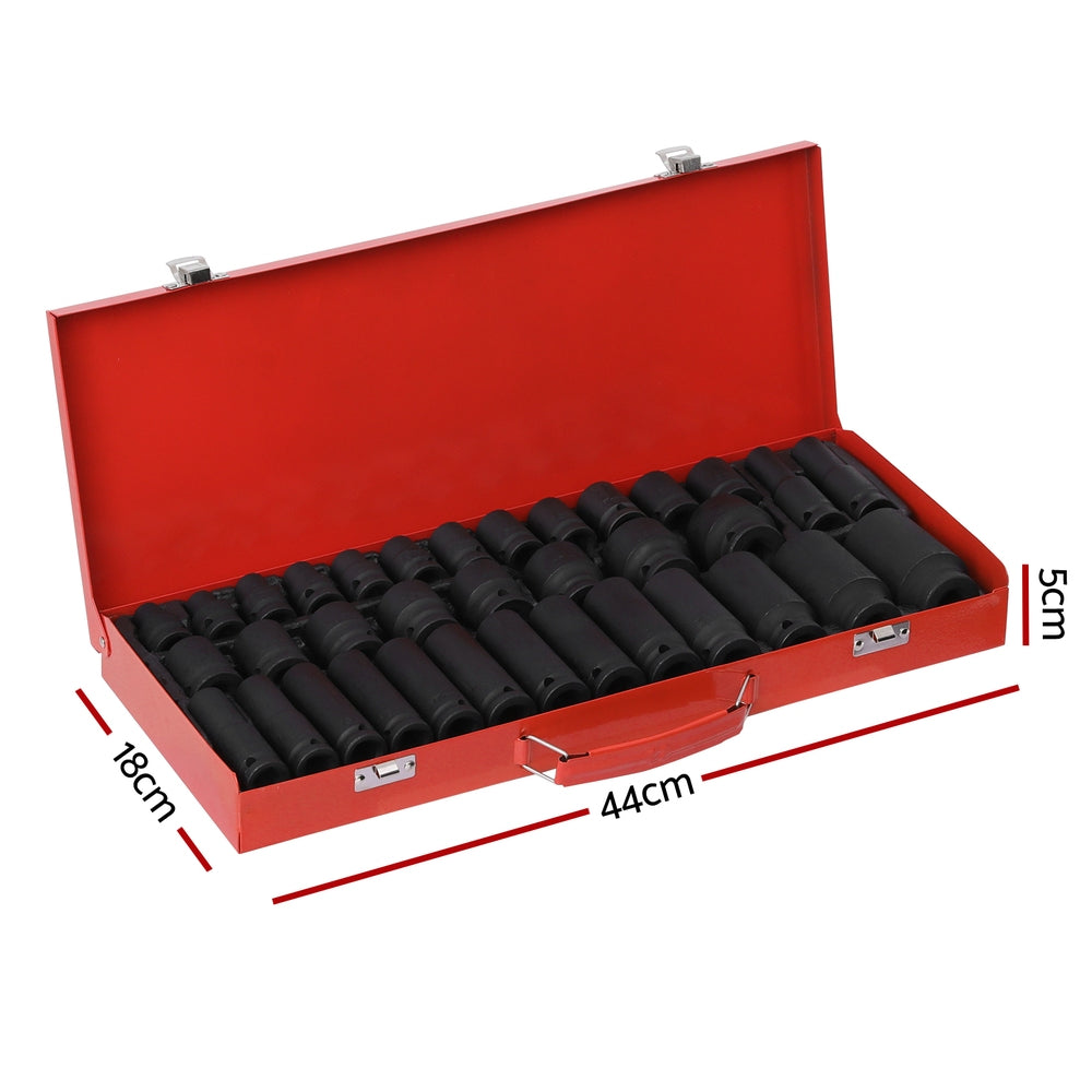 A red metal case with clasps and a handle lies open, revealing a Giantz 35pcs 1/2" Drive Impact Socket Set Metric 8-32mm with Case. The black sockets, of varying sizes, are arranged in neat rows within a foam insert that holds these heavy-duty tools securely in place.