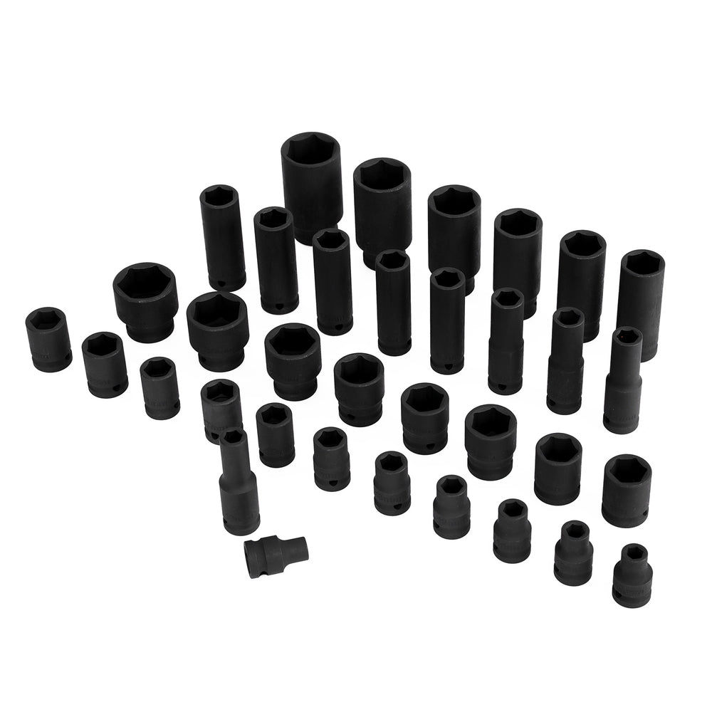 A red metal case with clasps and a handle lies open, revealing a Giantz 35pcs 1/2" Drive Impact Socket Set Metric 8-32mm with Case. The black sockets, of varying sizes, are arranged in neat rows within a foam insert that holds these heavy-duty tools securely in place.