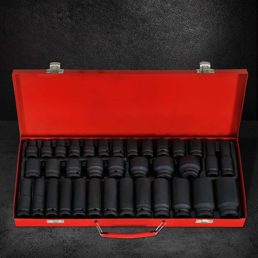 A red metal case with clasps and a handle lies open, revealing a Giantz 35pcs 1/2" Drive Impact Socket Set Metric 8-32mm with Case. The black sockets, of varying sizes, are arranged in neat rows within a foam insert that holds these heavy-duty tools securely in place.