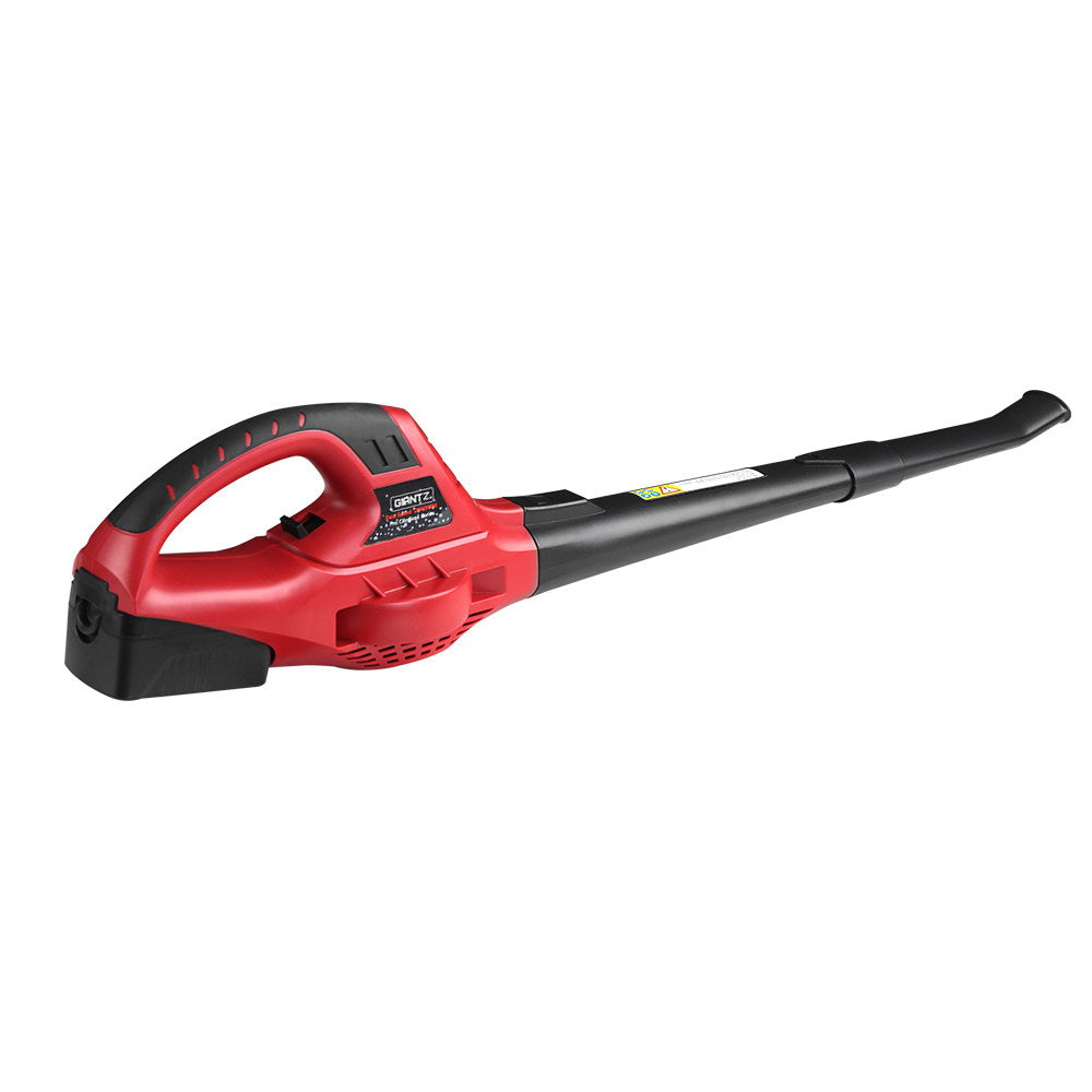 A lightweight, red and black cordless leaf blower with a streamlined design. It features a long, narrow nozzle for directing airflow, dual-speed blowing capacity, and a comfortable handle for easy operation. Powered by a 20V lithium-ion battery, the "Giantz 20V Cordless Leaf Blower Garden Lithium Electric Battery Nozzles 2-Speed" brand name is displayed near the handle.