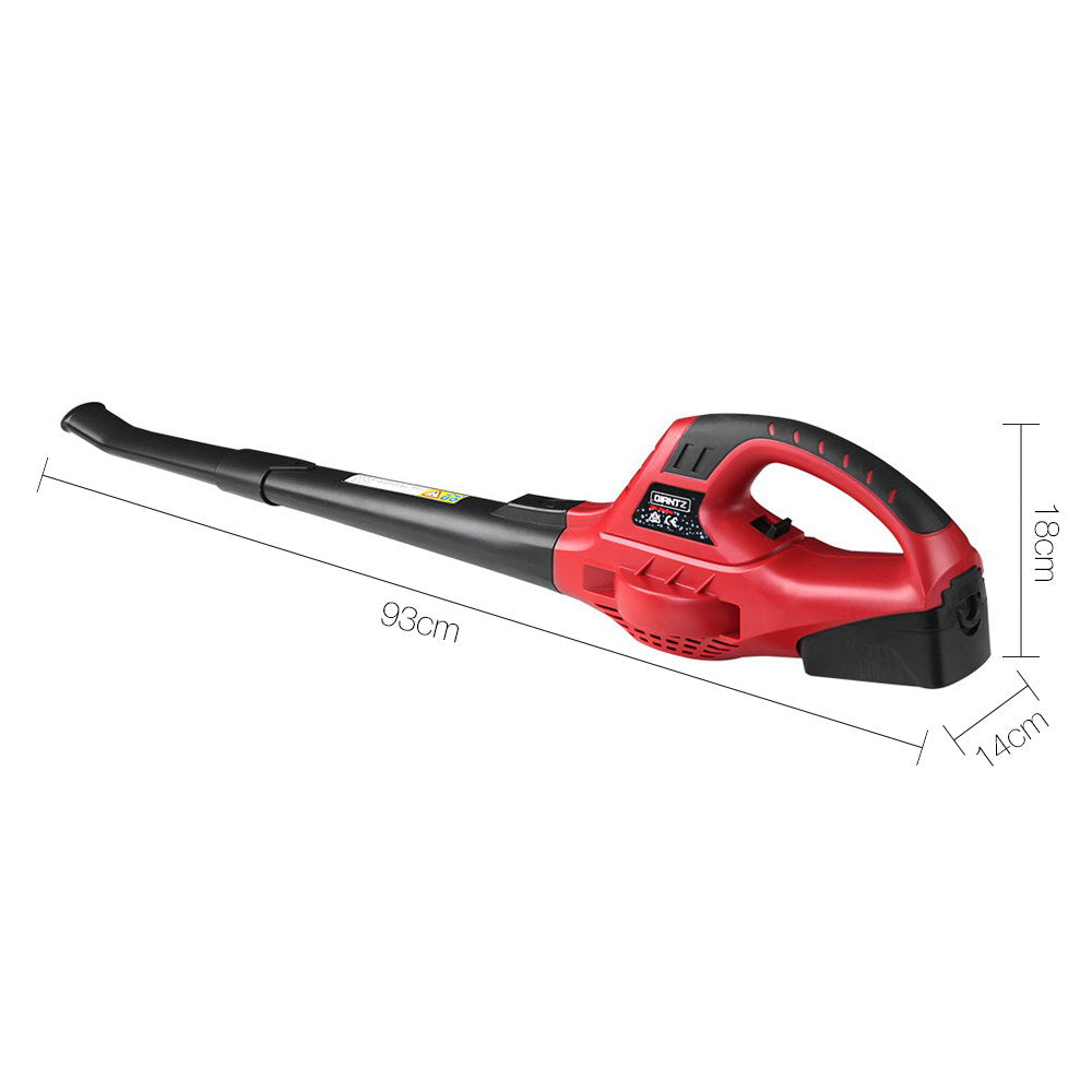 A lightweight, red and black cordless leaf blower with a streamlined design. It features a long, narrow nozzle for directing airflow, dual-speed blowing capacity, and a comfortable handle for easy operation. Powered by a 20V lithium-ion battery, the "Giantz 20V Cordless Leaf Blower Garden Lithium Electric Battery Nozzles 2-Speed" brand name is displayed near the handle.