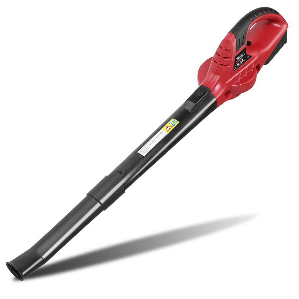 A lightweight, red and black cordless leaf blower with a streamlined design. It features a long, narrow nozzle for directing airflow, dual-speed blowing capacity, and a comfortable handle for easy operation. Powered by a 20V lithium-ion battery, the "Giantz 20V Cordless Leaf Blower Garden Lithium Electric Battery Nozzles 2-Speed" brand name is displayed near the handle.