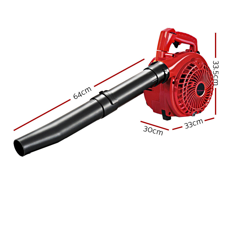 The Giantz Petrol Leaf Blower Garden Vacuum Handheld Commercial Outdoor Tool 36CC features a black nozzle and cylindrical extension tube. Its body includes an air intake grill and a handle for easy operation. Designed for outdoor use, this versatile tool can efficiently clear leaves and debris.