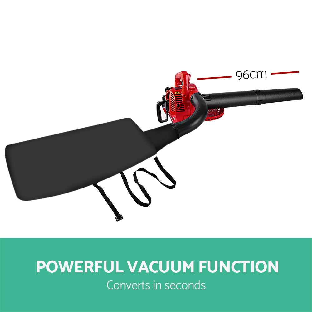 The Giantz Petrol Leaf Blower Garden Vacuum Handheld Commercial Outdoor Tool 36CC features a black nozzle and cylindrical extension tube. Its body includes an air intake grill and a handle for easy operation. Designed for outdoor use, this versatile tool can efficiently clear leaves and debris.