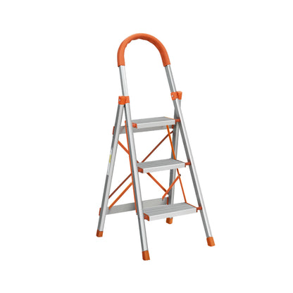 A Giantz 3 Step Ladder Multi-Purpose Folding Aluminium Light Weight Non Slip Platform, accented with orange on the steps, top railing, and foot pads. Designed for indoor use, it features non-slip rubber feet for stability and a handle at the top for added safety.