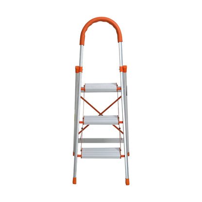 A Giantz 3 Step Ladder Multi-Purpose Folding Aluminium Light Weight Non Slip Platform, accented with orange on the steps, top railing, and foot pads. Designed for indoor use, it features non-slip rubber feet for stability and a handle at the top for added safety.