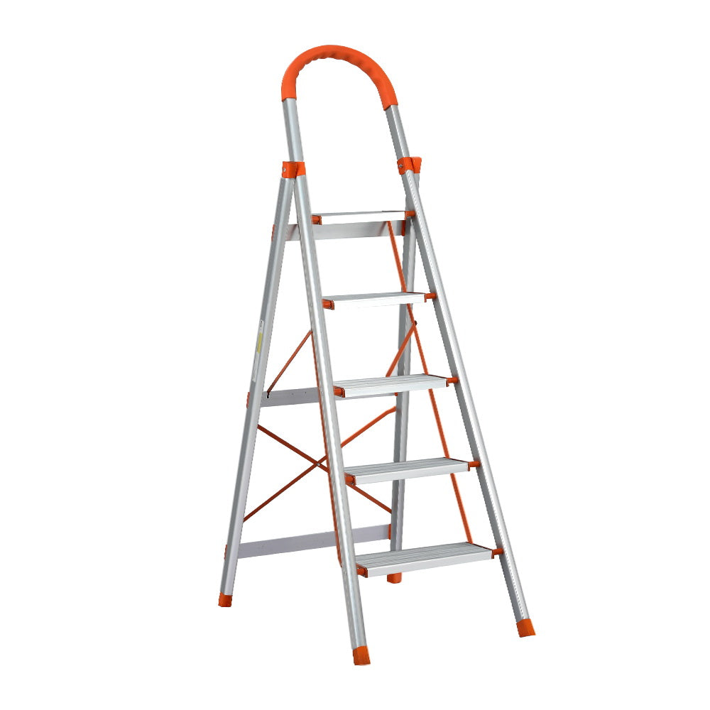 A Giantz 5 Step Ladder Multi-Purpose Folding Aluminium Light Weight Non Slip Platform with five wide steps and orange accents on the top handle, edges of the steps, and support braces. This lightweight aluminum ladder is open, standing on a white background, and features non-slip rubber feet for added stability.