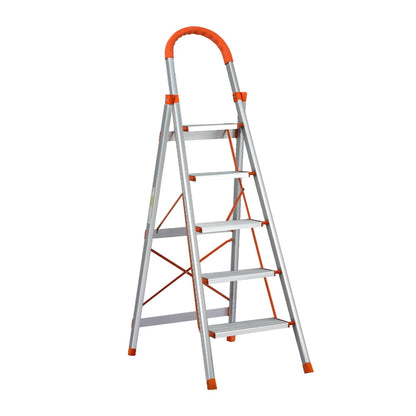 A Giantz 5 Step Ladder Multi-Purpose Folding Aluminium Light Weight Non Slip Platform with five wide steps and orange accents on the top handle, edges of the steps, and support braces. This lightweight aluminum ladder is open, standing on a white background, and features non-slip rubber feet for added stability.