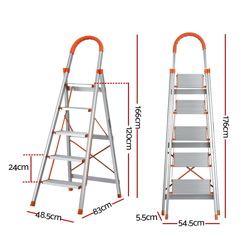 A Giantz 5 Step Ladder Multi-Purpose Folding Aluminium Light Weight Non Slip Platform with five wide steps and orange accents on the top handle, edges of the steps, and support braces. This lightweight aluminum ladder is open, standing on a white background, and features non-slip rubber feet for added stability.