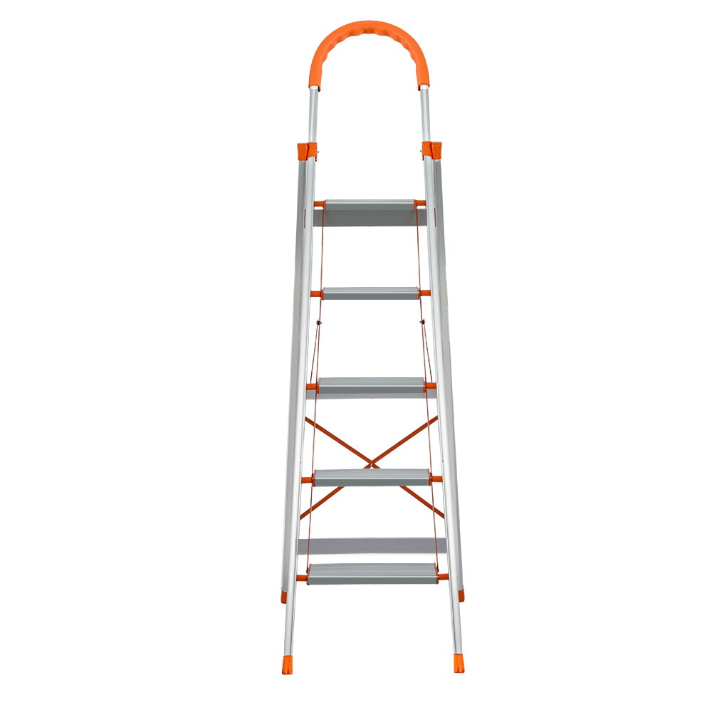 A Giantz 5 Step Ladder Multi-Purpose Folding Aluminium Light Weight Non Slip Platform with five wide steps and orange accents on the top handle, edges of the steps, and support braces. This lightweight aluminum ladder is open, standing on a white background, and features non-slip rubber feet for added stability.