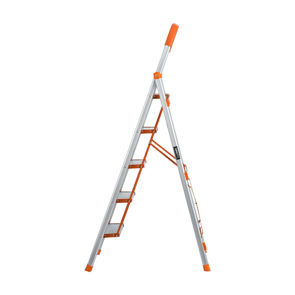 A Giantz 5 Step Ladder Multi-Purpose Folding Aluminium Light Weight Non Slip Platform with five wide steps and orange accents on the top handle, edges of the steps, and support braces. This lightweight aluminum ladder is open, standing on a white background, and features non-slip rubber feet for added stability.