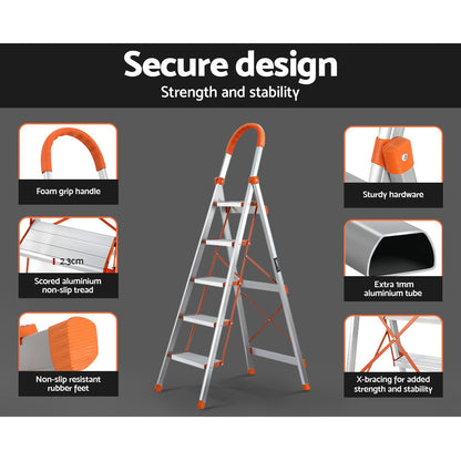 A Giantz 5 Step Ladder Multi-Purpose Folding Aluminium Light Weight Non Slip Platform with five wide steps and orange accents on the top handle, edges of the steps, and support braces. This lightweight aluminum ladder is open, standing on a white background, and features non-slip rubber feet for added stability.