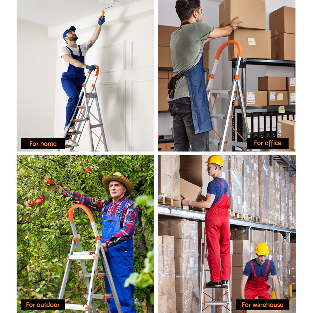 A Giantz 5 Step Ladder Multi-Purpose Folding Aluminium Light Weight Non Slip Platform with five wide steps and orange accents on the top handle, edges of the steps, and support braces. This lightweight aluminum ladder is open, standing on a white background, and features non-slip rubber feet for added stability.