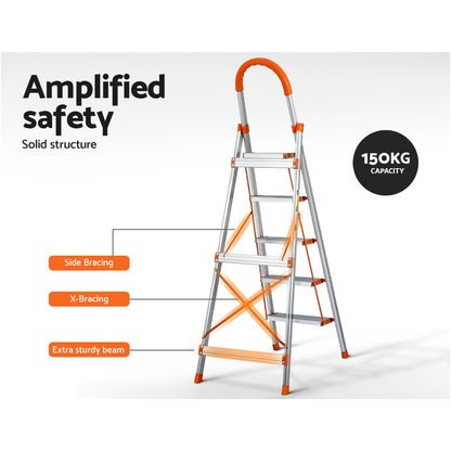 A Giantz 5 Step Ladder Multi-Purpose Folding Aluminium Light Weight Non Slip Platform with five wide steps and orange accents on the top handle, edges of the steps, and support braces. This lightweight aluminum ladder is open, standing on a white background, and features non-slip rubber feet for added stability.