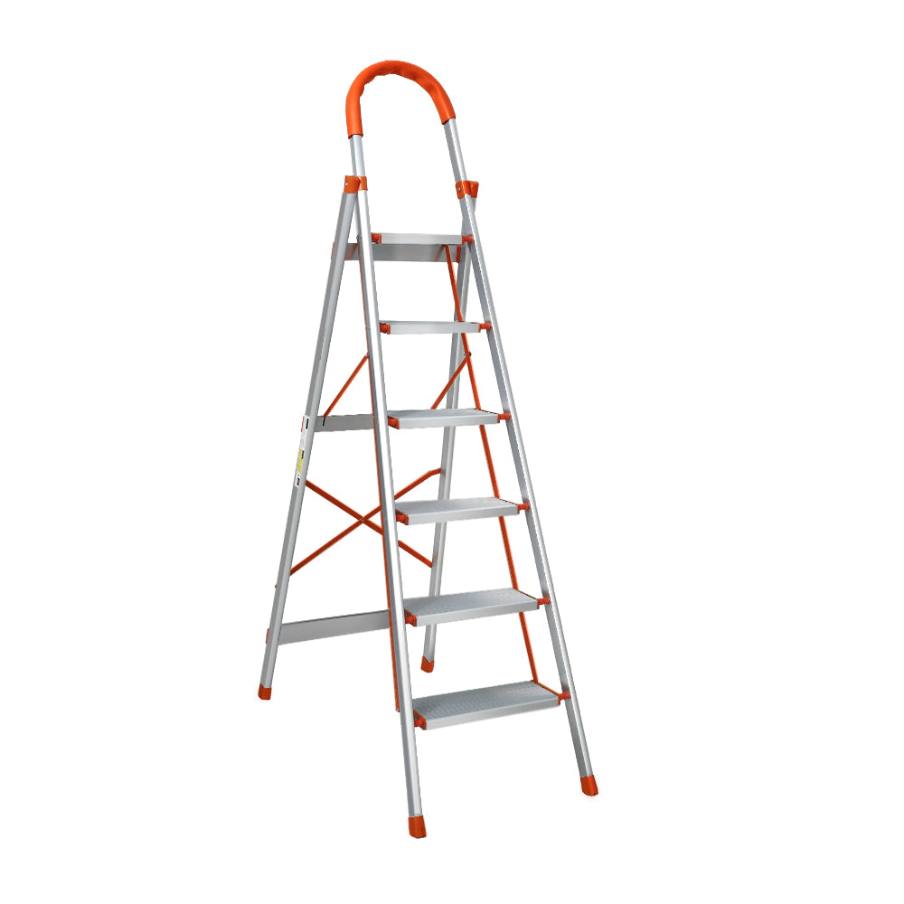 A Giantz 6 Step Ladder Multi-Purpose Folding Aluminium Light Weight Non Slip Platform with five steps, orange accents on the top handle, step edges, and non-slip rubber feet. It features a sturdy, lightweight aluminum frame, additional support braces for stability, and a foldable design for easy storage.