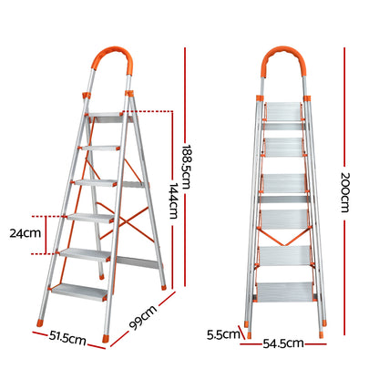 A Giantz 6 Step Ladder Multi-Purpose Folding Aluminium Light Weight Non Slip Platform with five steps, orange accents on the top handle, step edges, and non-slip rubber feet. It features a sturdy, lightweight aluminum frame, additional support braces for stability, and a foldable design for easy storage.