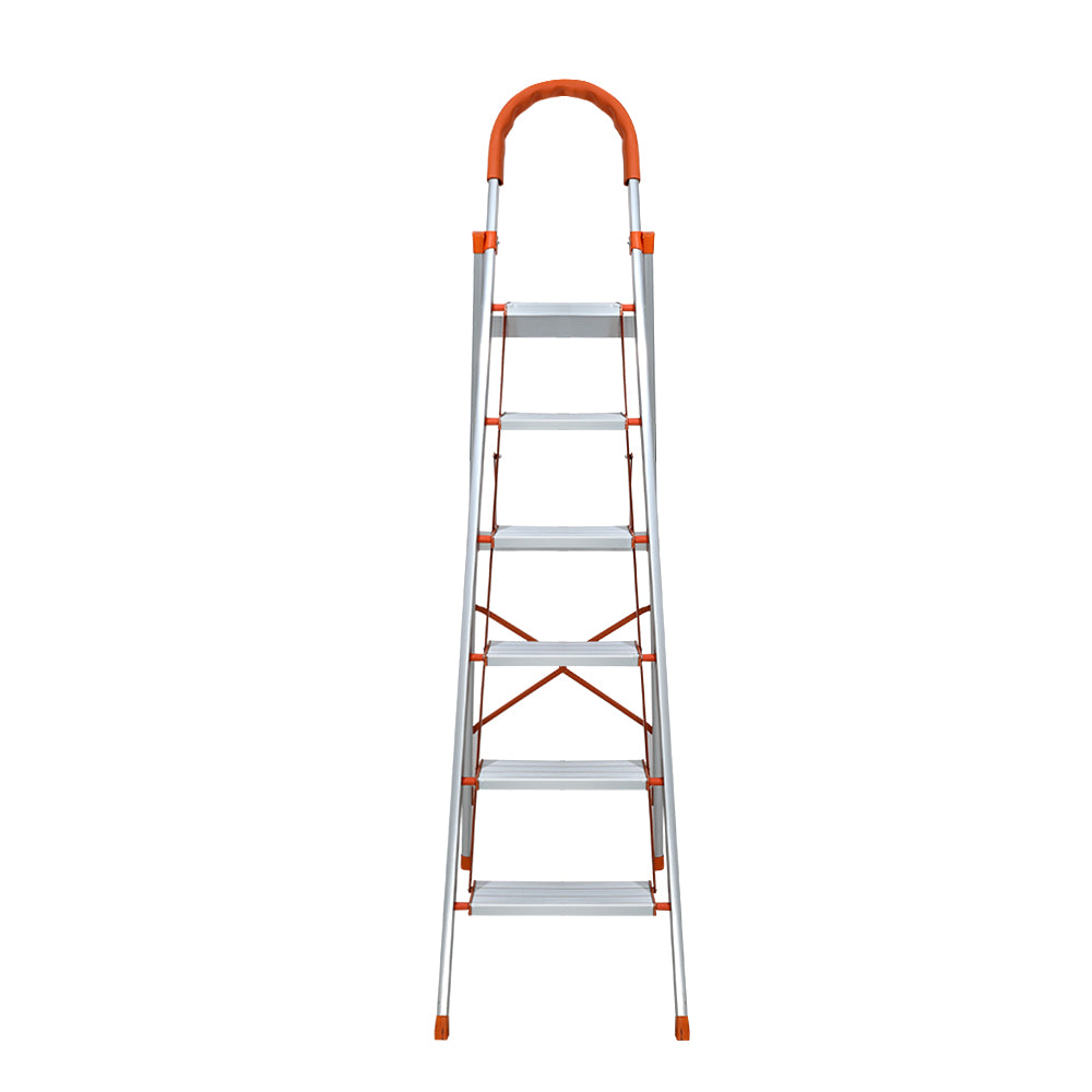 A Giantz 6 Step Ladder Multi-Purpose Folding Aluminium Light Weight Non Slip Platform with five steps, orange accents on the top handle, step edges, and non-slip rubber feet. It features a sturdy, lightweight aluminum frame, additional support braces for stability, and a foldable design for easy storage.