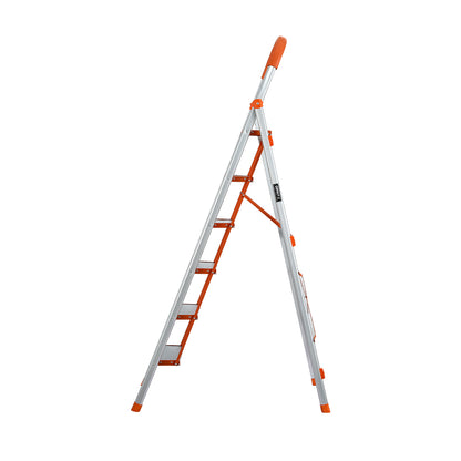 A Giantz 6 Step Ladder Multi-Purpose Folding Aluminium Light Weight Non Slip Platform with five steps, orange accents on the top handle, step edges, and non-slip rubber feet. It features a sturdy, lightweight aluminum frame, additional support braces for stability, and a foldable design for easy storage.