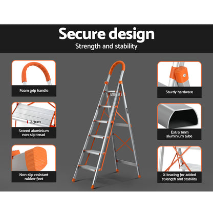 A Giantz 6 Step Ladder Multi-Purpose Folding Aluminium Light Weight Non Slip Platform with five steps, orange accents on the top handle, step edges, and non-slip rubber feet. It features a sturdy, lightweight aluminum frame, additional support braces for stability, and a foldable design for easy storage.