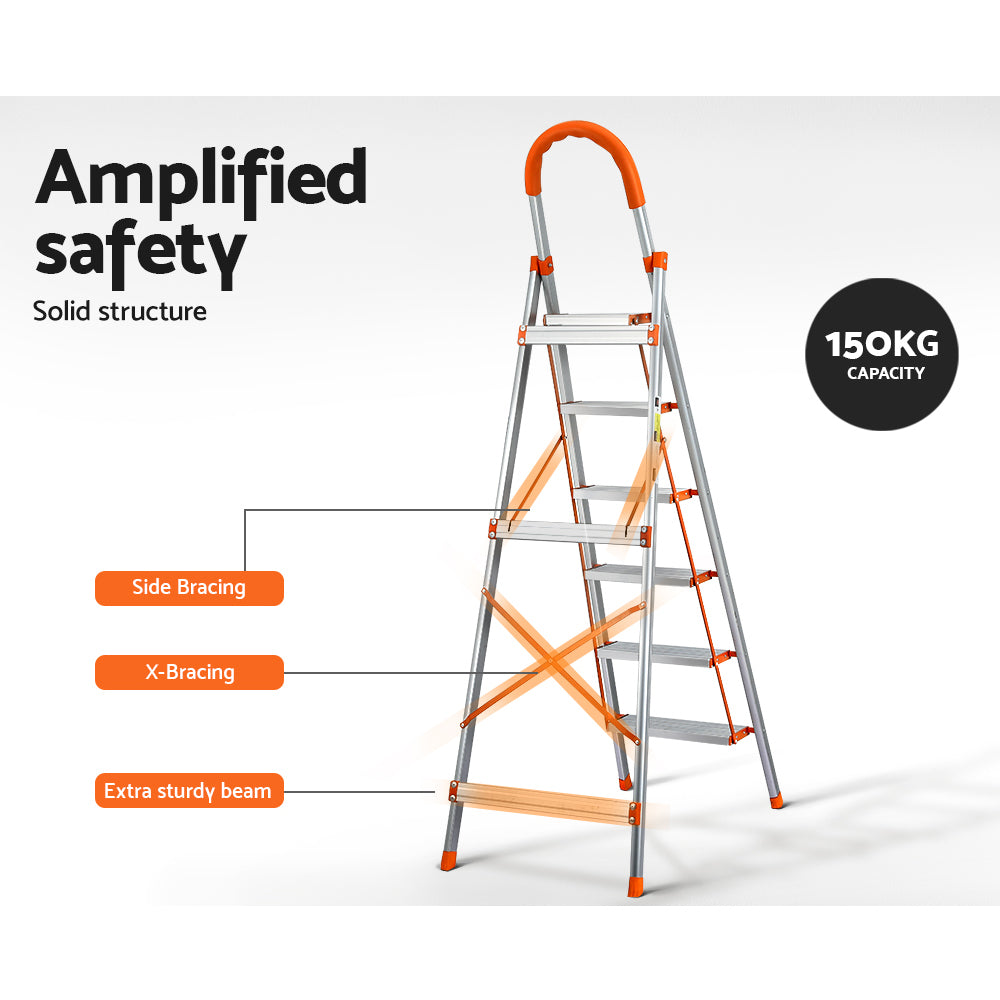 A Giantz 6 Step Ladder Multi-Purpose Folding Aluminium Light Weight Non Slip Platform with five steps, orange accents on the top handle, step edges, and non-slip rubber feet. It features a sturdy, lightweight aluminum frame, additional support braces for stability, and a foldable design for easy storage.