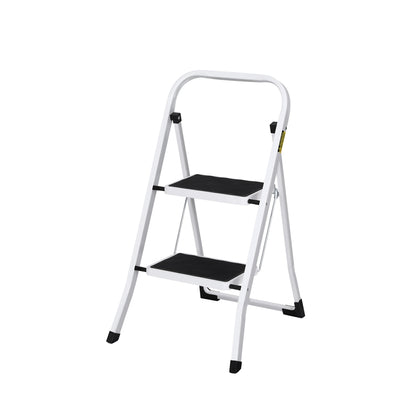 A white, two-step foldable ladder with black steps and non-slip rubber feet stands on a plain white background. The Giantz 2 Step Ladder Multi-Purpose Folding Steel Light Weight Platform has a simple, lightweight metal frame designed for household use.