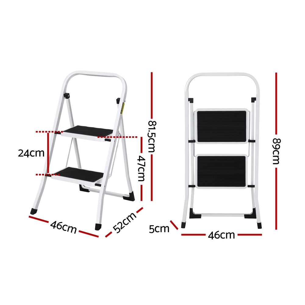 A white, two-step foldable ladder with black steps and non-slip rubber feet stands on a plain white background. The Giantz 2 Step Ladder Multi-Purpose Folding Steel Light Weight Platform has a simple, lightweight metal frame designed for household use.