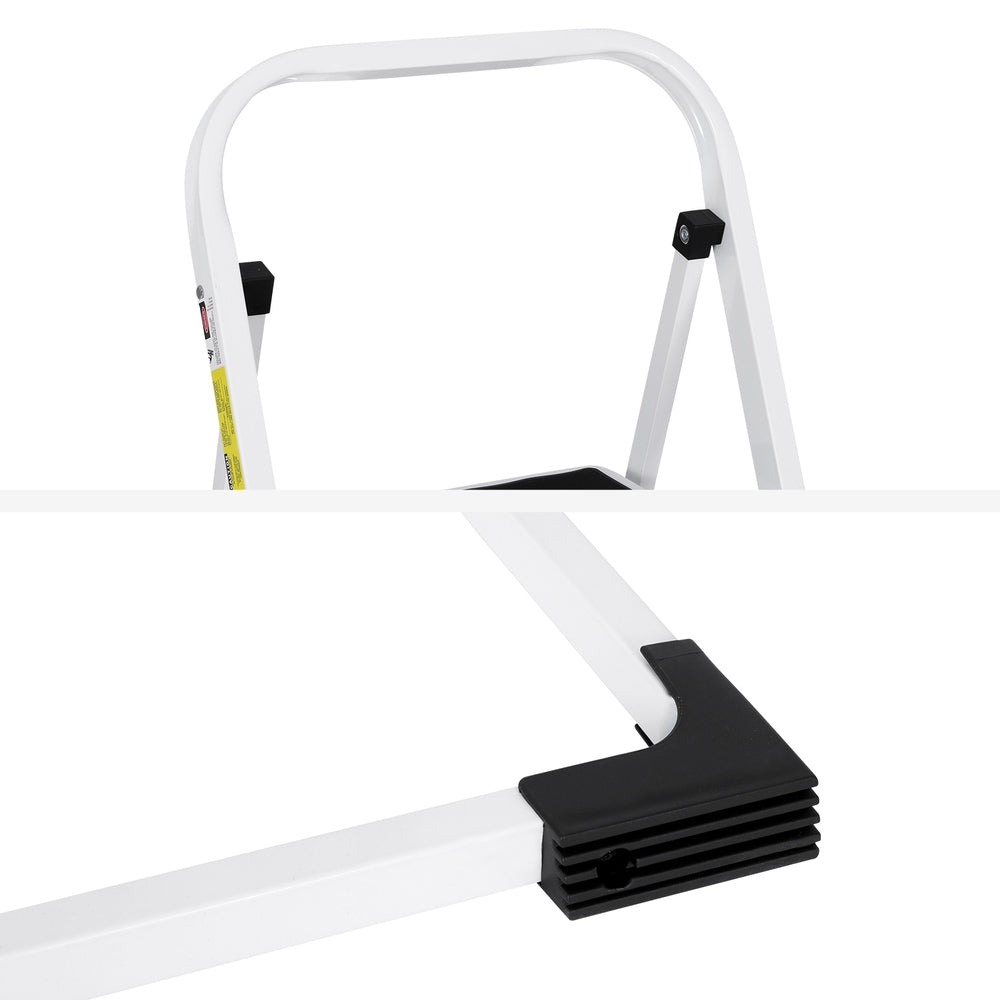 A white, two-step foldable ladder with black steps and non-slip rubber feet stands on a plain white background. The Giantz 2 Step Ladder Multi-Purpose Folding Steel Light Weight Platform has a simple, lightweight metal frame designed for household use.