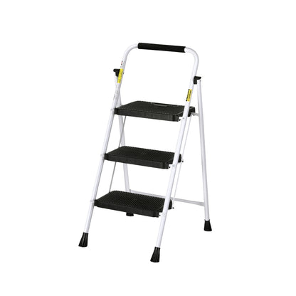 A Giantz 3 Step Ladder Multi-Purpose Folding Steel Light Weight Platform with a white lightweight steel frame and black non-slip steps. The top handle has a padded black grip, and the legs have black rubber feet for stability and protection against slipping.