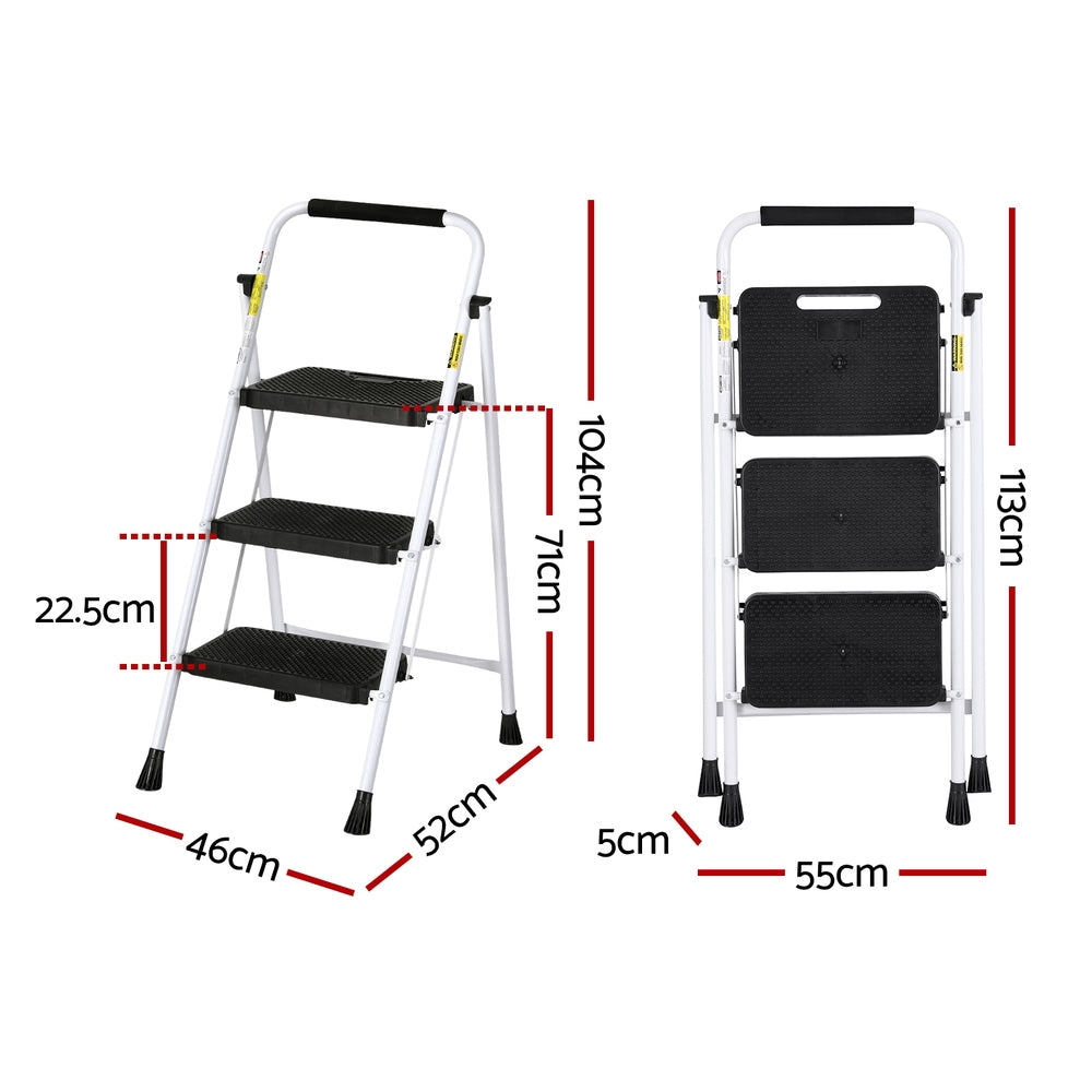 A Giantz 3 Step Ladder Multi-Purpose Folding Steel Light Weight Platform with a white lightweight steel frame and black non-slip steps. The top handle has a padded black grip, and the legs have black rubber feet for stability and protection against slipping.