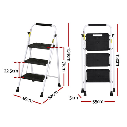 A Giantz 3 Step Ladder Multi-Purpose Folding Steel Light Weight Platform with a white lightweight steel frame and black non-slip steps. The top handle has a padded black grip, and the legs have black rubber feet for stability and protection against slipping.