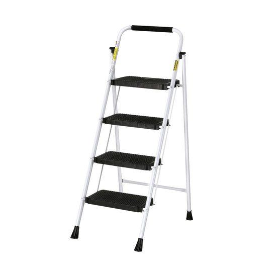 A white, four-step ladder with black steps and a black cushioned handle at the top. The Giantz 4 Step Ladder Multi-Purpose Folding Steel Light Weight Platform has non-slip rubber feet and steel construction, making it perfect for household use. It is freestanding and foldable for easy storage and portability.