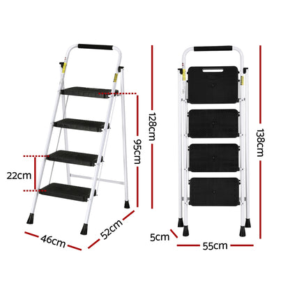 A white, four-step ladder with black steps and a black cushioned handle at the top. The Giantz 4 Step Ladder Multi-Purpose Folding Steel Light Weight Platform has non-slip rubber feet and steel construction, making it perfect for household use. It is freestanding and foldable for easy storage and portability.