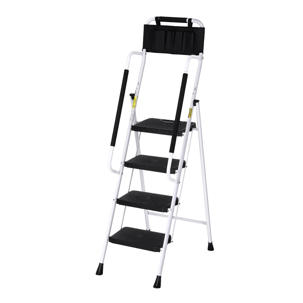 The Giantz 4 Step Ladder Multi-Purpose Folding Steel Platform Tool Bag Handrails is a white ladder with black, cushioned handles and wide, anti-slip steps. The ladder includes a black tool pouch at the top for convenience. The design features sturdy framing, non-slip rubber feet, and extra leg support for stability.