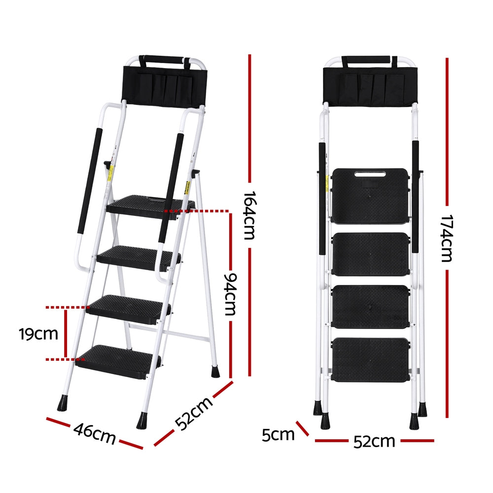 The Giantz 4 Step Ladder Multi-Purpose Folding Steel Platform Tool Bag Handrails is a white ladder with black, cushioned handles and wide, anti-slip steps. The ladder includes a black tool pouch at the top for convenience. The design features sturdy framing, non-slip rubber feet, and extra leg support for stability.