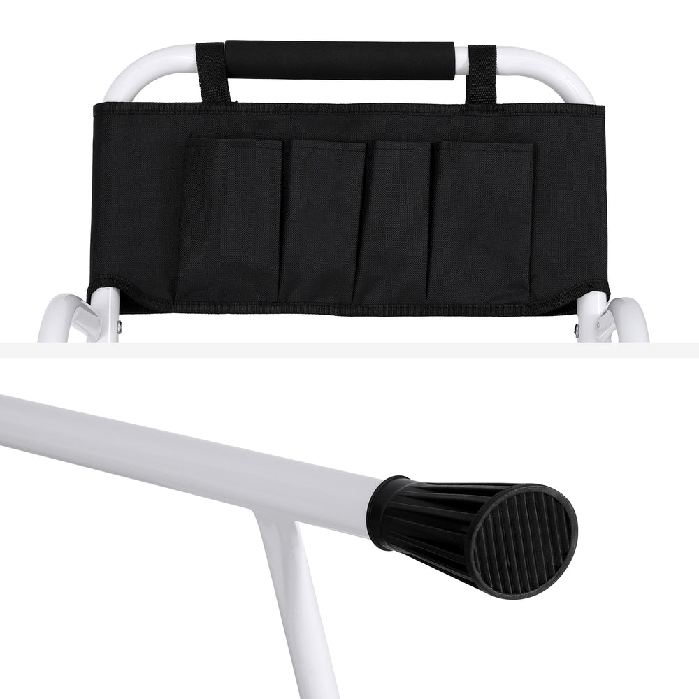 The Giantz 4 Step Ladder Multi-Purpose Folding Steel Platform Tool Bag Handrails is a white ladder with black, cushioned handles and wide, anti-slip steps. The ladder includes a black tool pouch at the top for convenience. The design features sturdy framing, non-slip rubber feet, and extra leg support for stability.