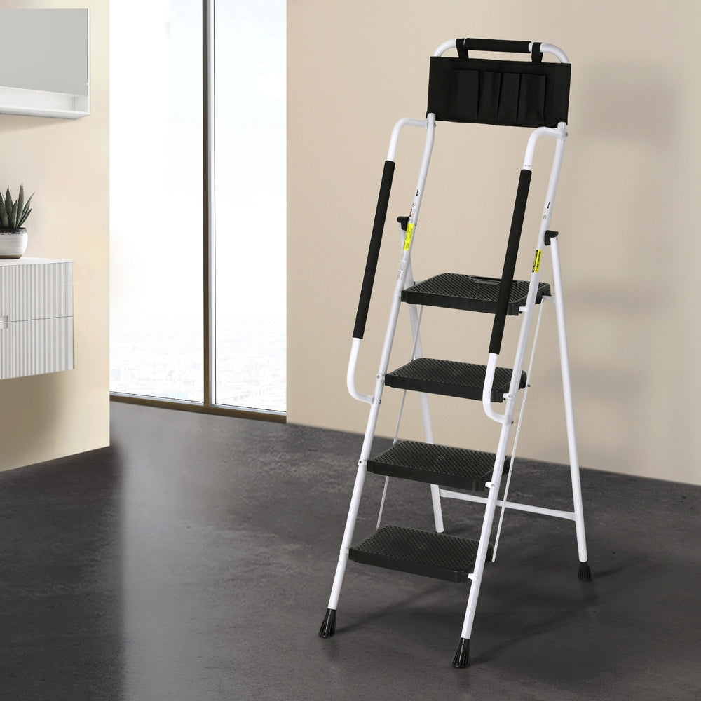 The Giantz 4 Step Ladder Multi-Purpose Folding Steel Platform Tool Bag Handrails is a white ladder with black, cushioned handles and wide, anti-slip steps. The ladder includes a black tool pouch at the top for convenience. The design features sturdy framing, non-slip rubber feet, and extra leg support for stability.