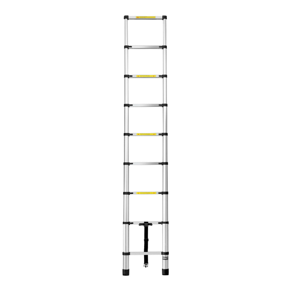 A collapsible Giantz 2.6M Telescopic Ladder Aluminium Extension Extendable Steps Adjustable Height is seen in both its extended and compact forms. The extended ladder, made from premium aluminum alloy, shows multiple rungs with safety labels. The compact version is neatly folded with securing straps and anti-slip end caps for stability.