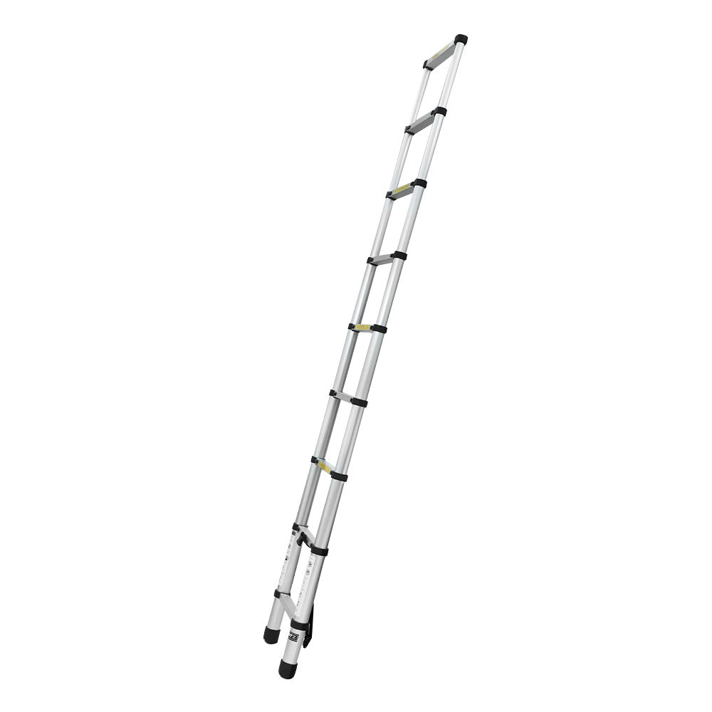 A collapsible Giantz 2.6M Telescopic Ladder Aluminium Extension Extendable Steps Adjustable Height is seen in both its extended and compact forms. The extended ladder, made from premium aluminum alloy, shows multiple rungs with safety labels. The compact version is neatly folded with securing straps and anti-slip end caps for stability.