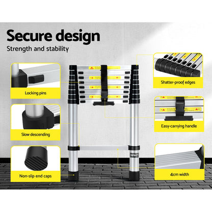 A collapsible Giantz 2.6M Telescopic Ladder Aluminium Extension Extendable Steps Adjustable Height is seen in both its extended and compact forms. The extended ladder, made from premium aluminum alloy, shows multiple rungs with safety labels. The compact version is neatly folded with securing straps and anti-slip end caps for stability.