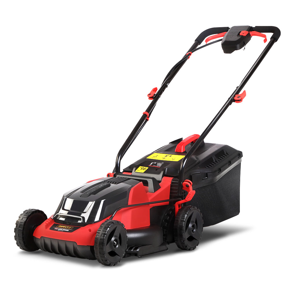 A red and black Giantz Lawn Mower Cordless 40V Battery Electric Lawnmower 34cm Width with a handlebar, four wheels, and a grass collection bag attached at the back. Featuring twin rechargeable lithium batteries for 40V power, the mower includes adjustable height settings and a sleek design. The brand label is visible on the front of the mower.